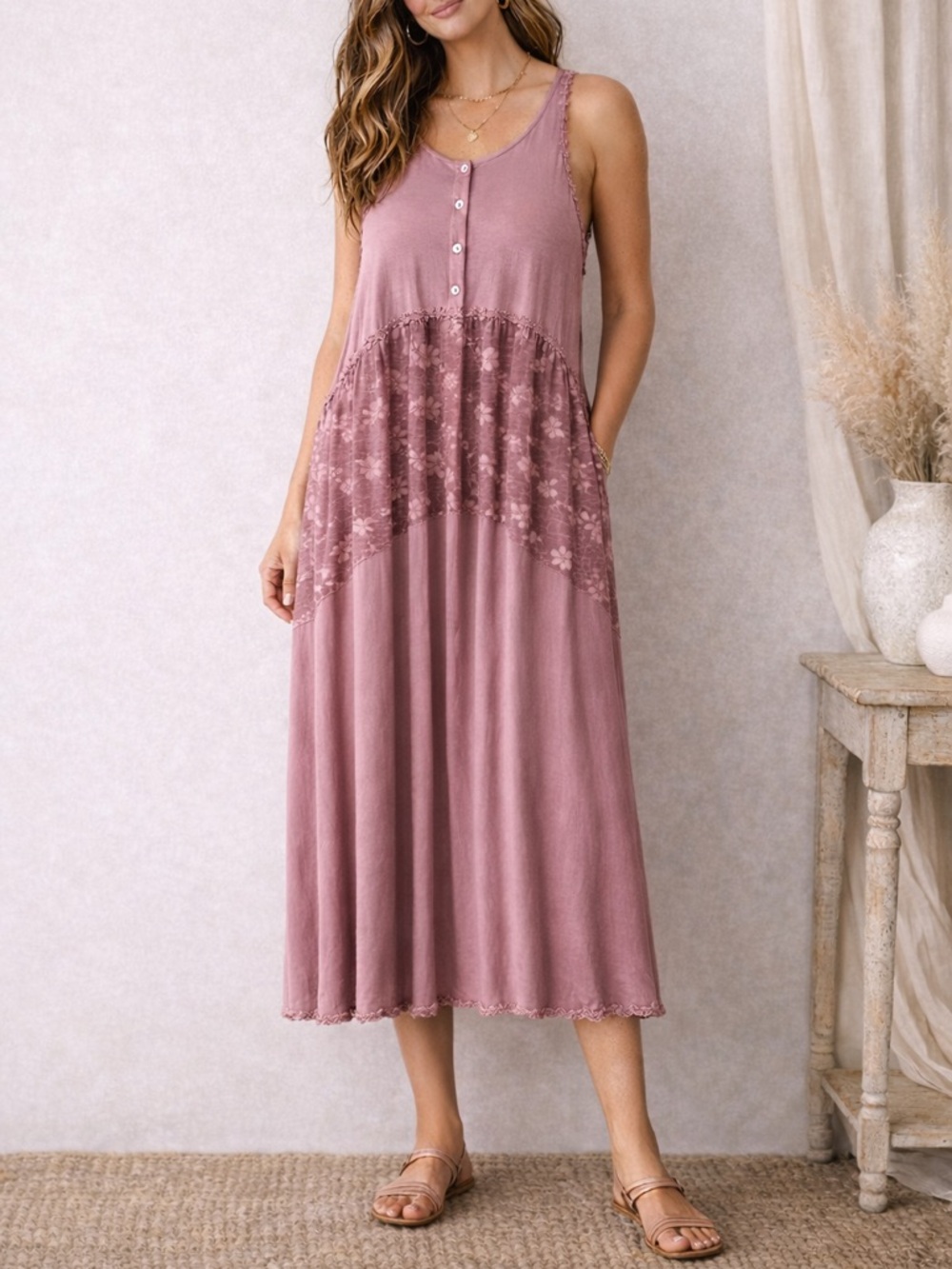 POL Dusty Rose Open Front Lace Boho Midi Dress Kimono Duster Large Festival
